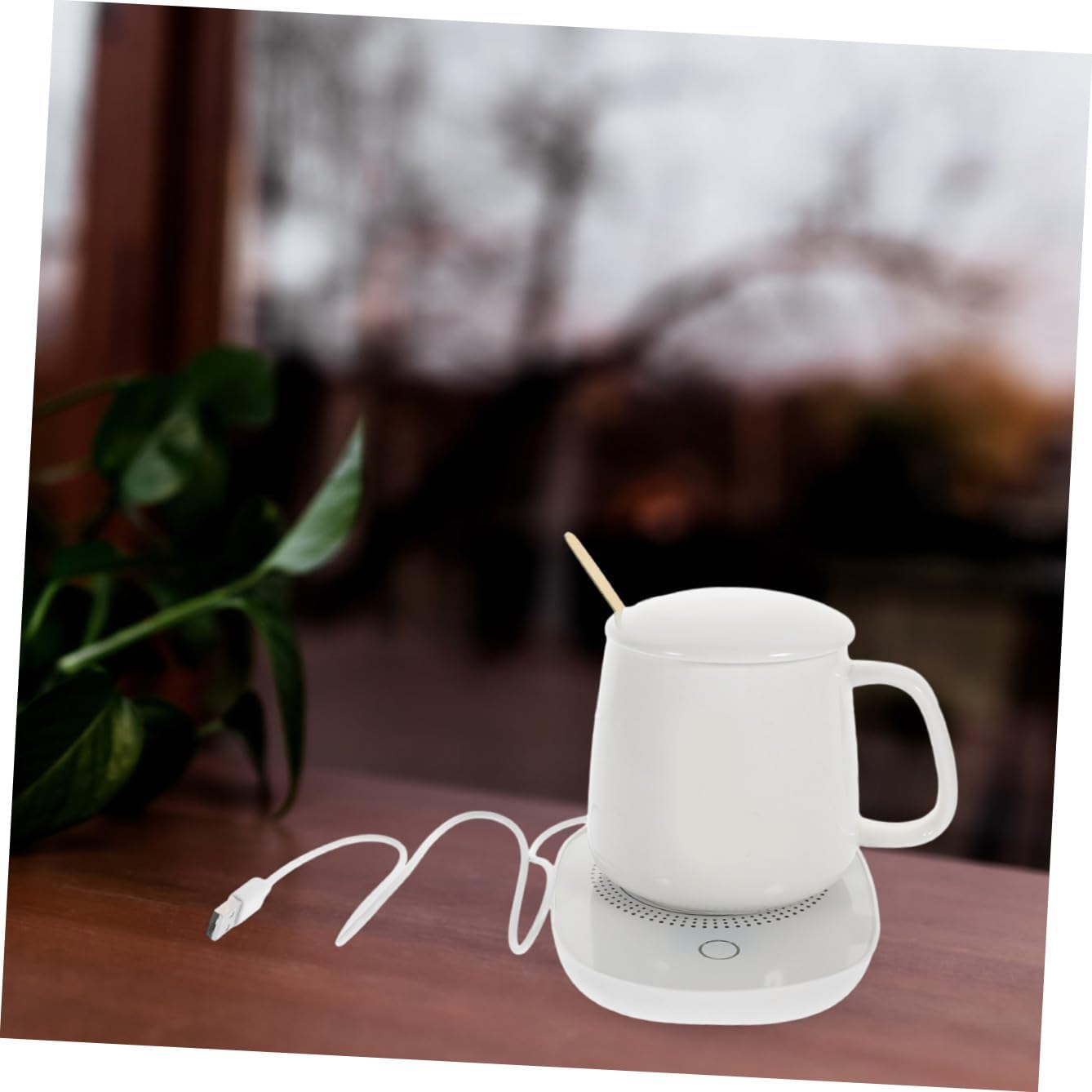 Ceramic Coffee Mug Warmer USB Heating Plate with Handle for Milk and Beverage Thermostatic Temperature Control Home Use White