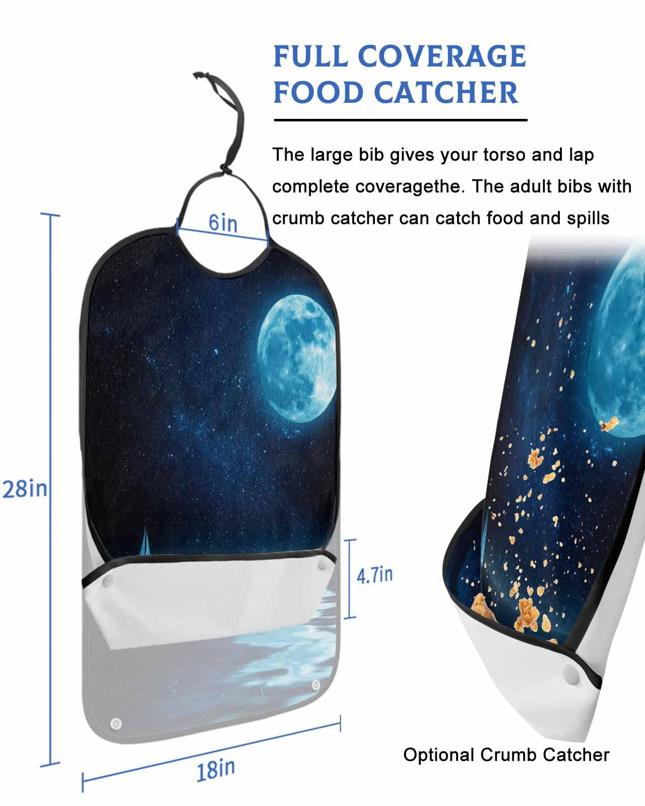 LEOKOTI Moon Night Adult Bibs for Eating, Waterproof Bibs with Food Catcher & Adjustable Snap Closure, Summer Navy Blue Sky Sailboat Ripple Washable Clothing Protectors Adult Bibs for Elderly