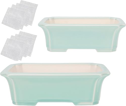 Zisha - Juego de 2 macetas de arcilla blanca para bonsái esmaltadas poco profundas, color verde claro