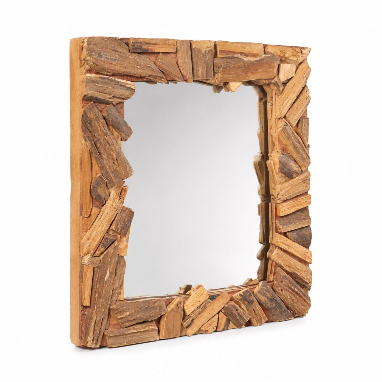 Specchio da parete patchwork | 60 x 60 cm, legno massello, naturale, specchio quadrato per corridoio, specchio in legno, specchio da bagno, specchio per camera da letto