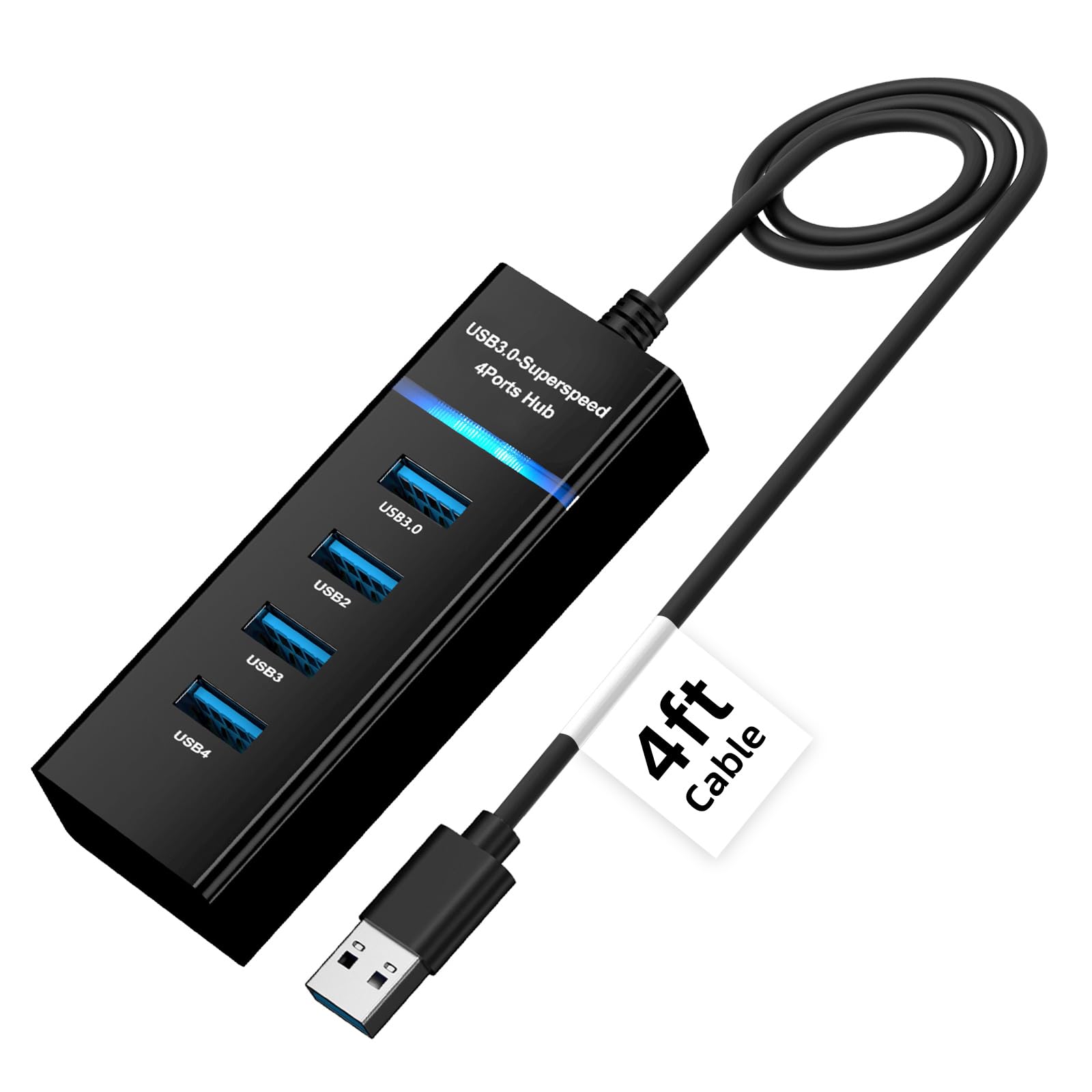 USB Hub 3 0 Splitter with 4ft Extension Long Cable Cord 4-Port Ultra-Slim Multiport Expander for Desktop Computer