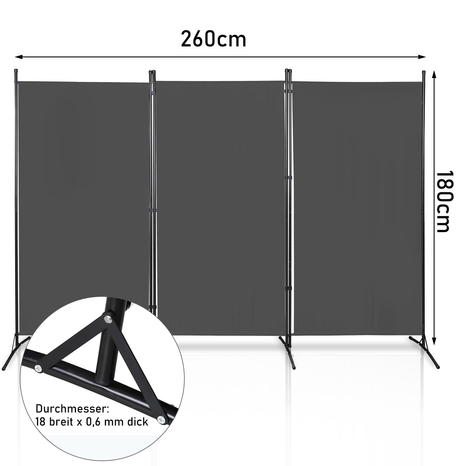 Paravent 3 Panneaux 260 x 180 cm, Brise-Vue Gris Foncé | Paravent autoportant et brise-vue pour intérieur, jardin, balcon, terrasse, bureau, salle de bain et cabine d’essayage.