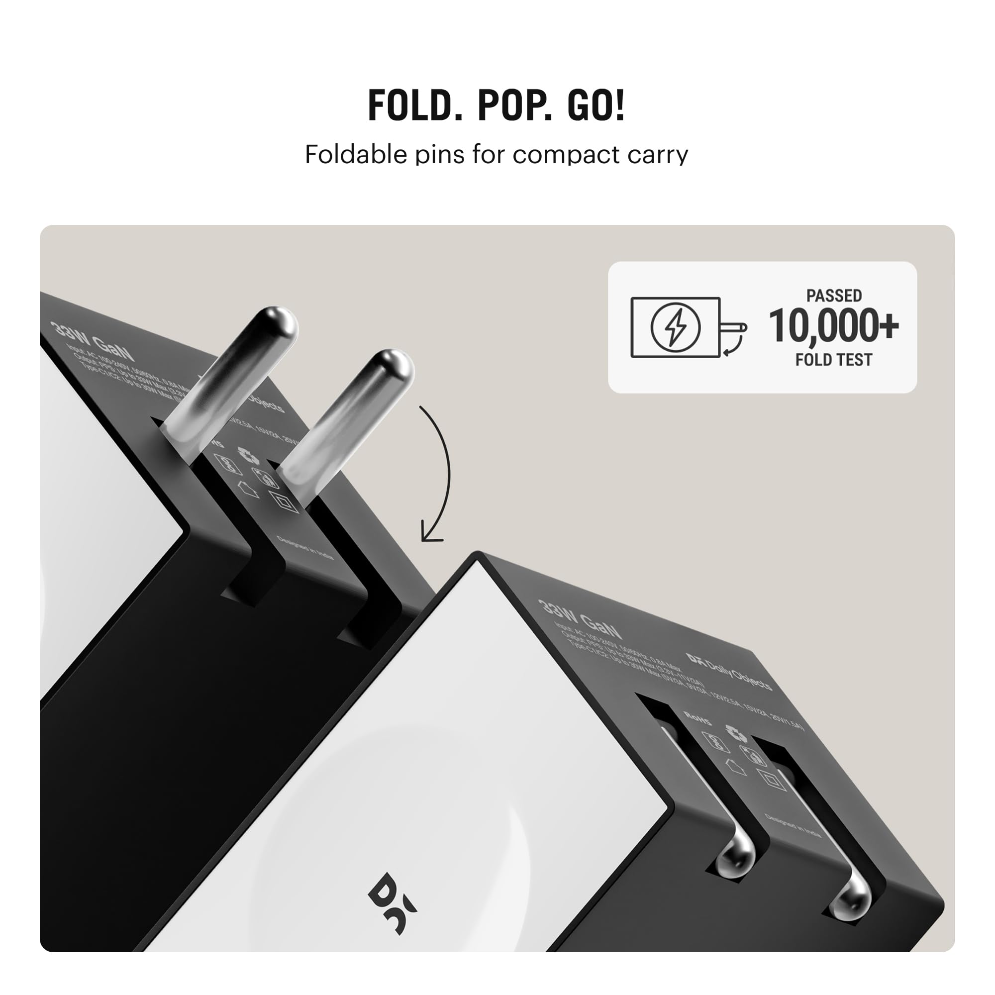 DailyObjects POP 33W Wall Charger Adapter with Foldable Pins|USB-C Dual Port Power Output|Fast Charging|GaN5 Tech|Support iphone 12 13 14 15 16 pro Max, Android,ipad,samsung,oneplus|Lightweight- Black — Amazon image 4