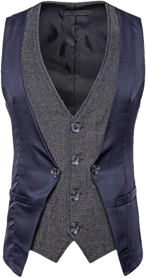 Men's Solid Color Casual V-Neck Single-Breasted Fake Two-Piece Retro Slim-Fit Suit Vest