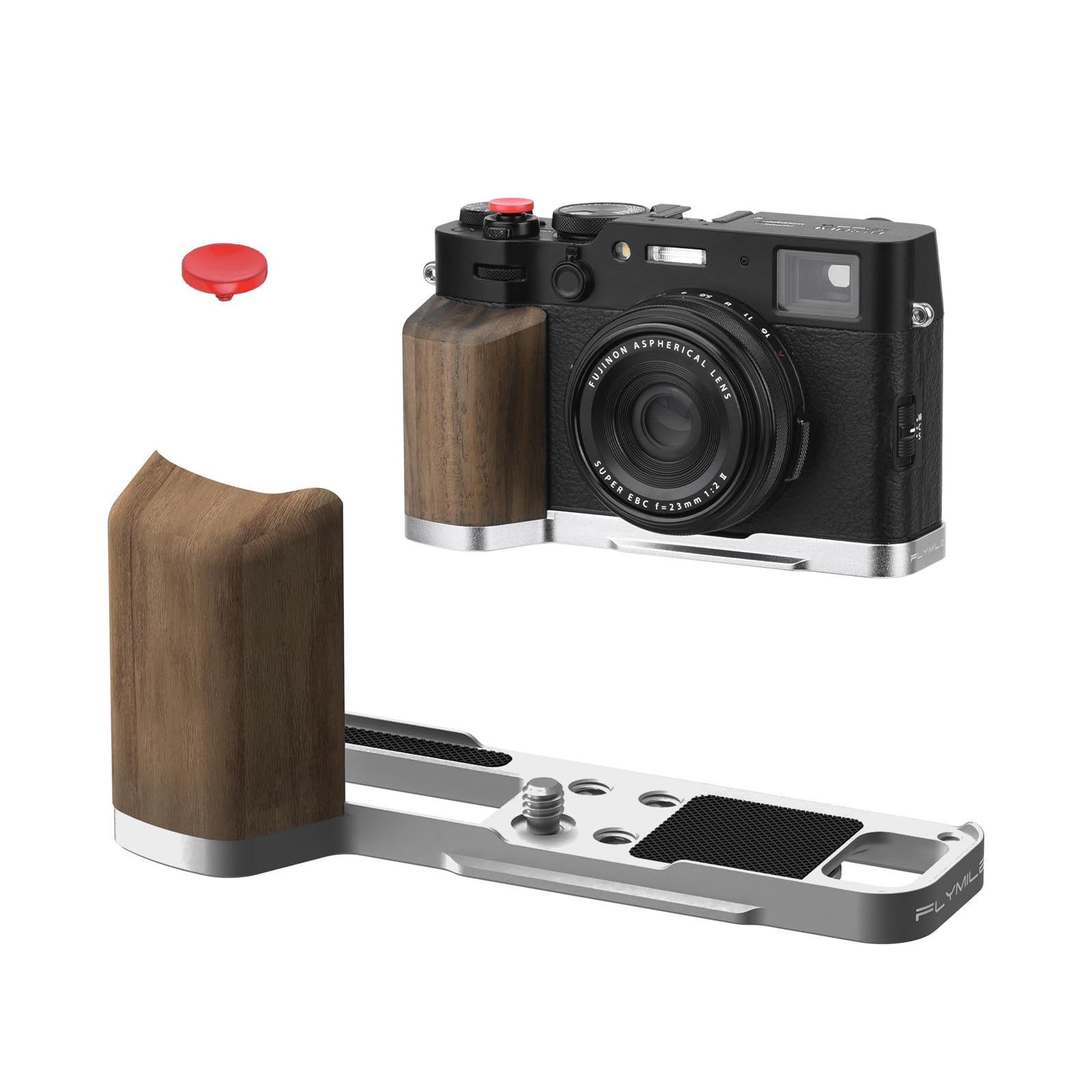BRDRC Impugnatura per FujiFilm X100VI/X100V, supporto a forma di L con adattatore a vite da 1/4 e piastra a sgancio rapido Arca e pulsante di scatto per accessori fotocamera Fuji X100VI/X100V (argento