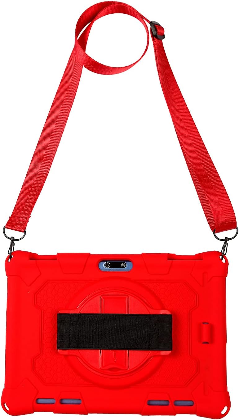 HminSen Case for Dragon Touch Notepad K10 / Max10 Plus Tablet,Silicone Case for ZONKO K105 10.1, Foren-Tek, MEIZE 10 inch Tablet with Hand Strap Shoulder Belt Rotatable Stand Cover (Red)