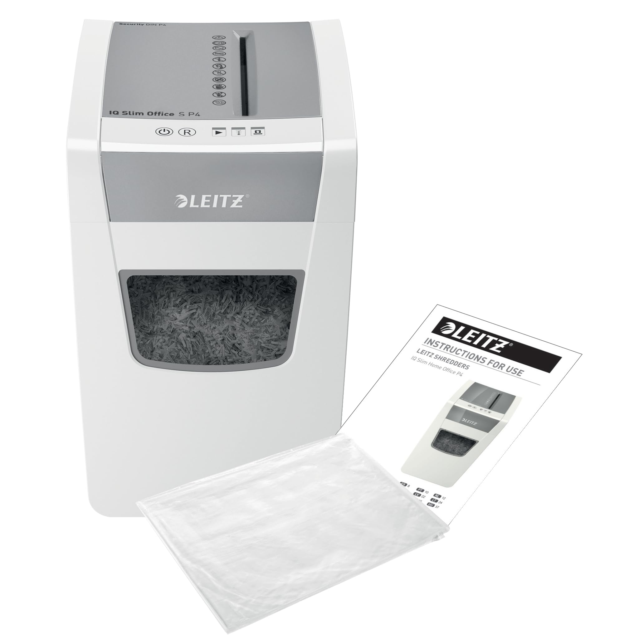 Leitz IQ Office S 80980000 - Destructora de papel (14-12 hojas, capacidad de 70-80 g/m²), certificación TÜV+GS, corte en partículas, nivel de seguridad P4, especialmente silenciosa, recipiente de 23 L