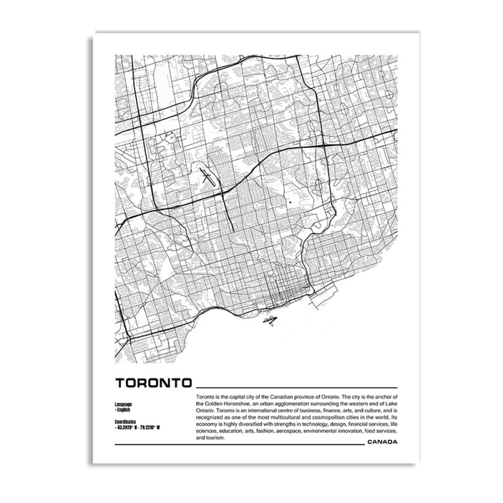 Druki artystyczne plakaty, nowoczesna czarno-biała mapa plakat wydruki Toronto profil miasta dzieła sztuki obrazy bez ramy obraz pamiątka do salonu sypialni dekoracja domu prezent urodzinowy, 70 x 100