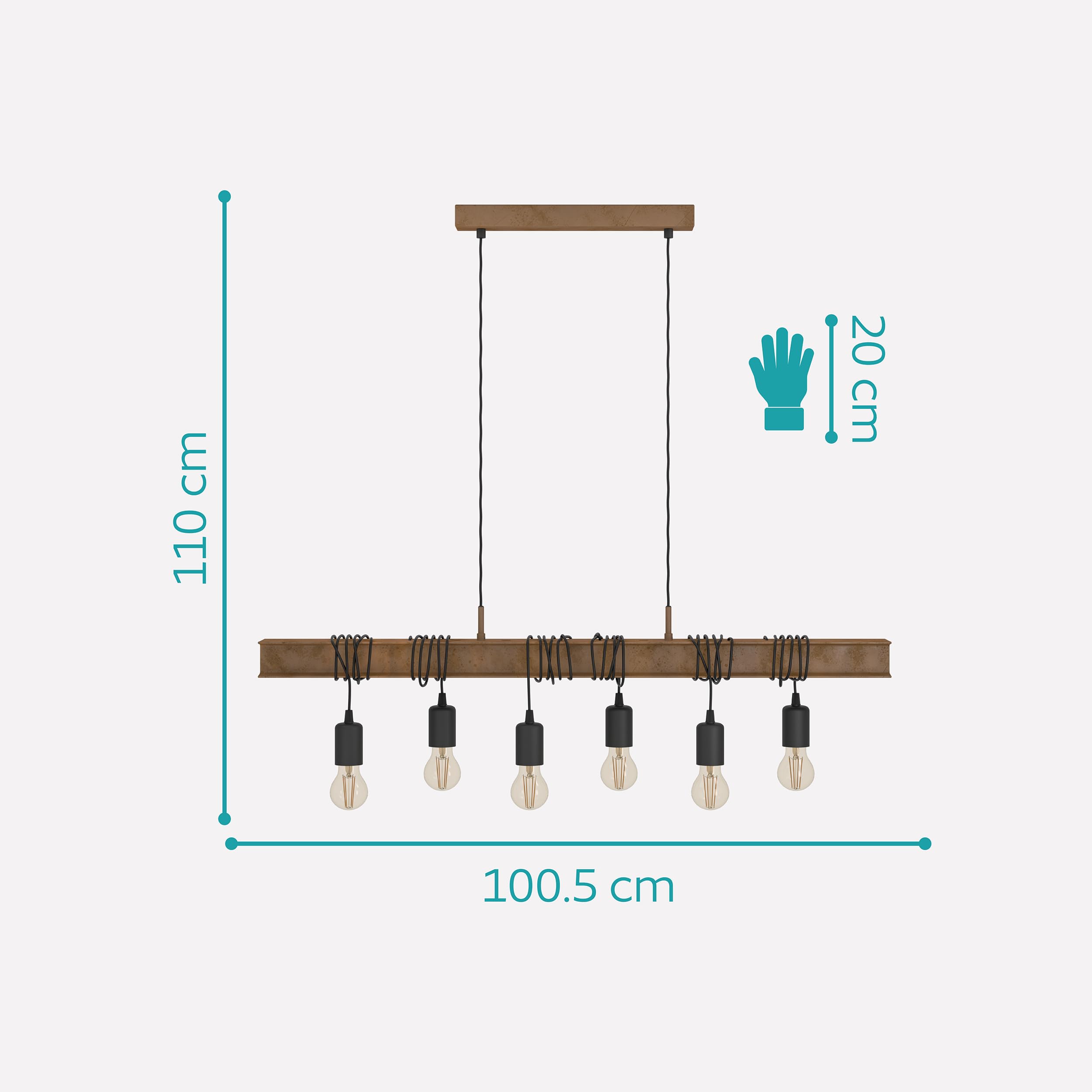 Lustre Suspendu EGLO Townshend - 6 Lampes, Style Vintage Industriel (bois Pin FSC Et Acier Noir, Réglable, Douilles E27)