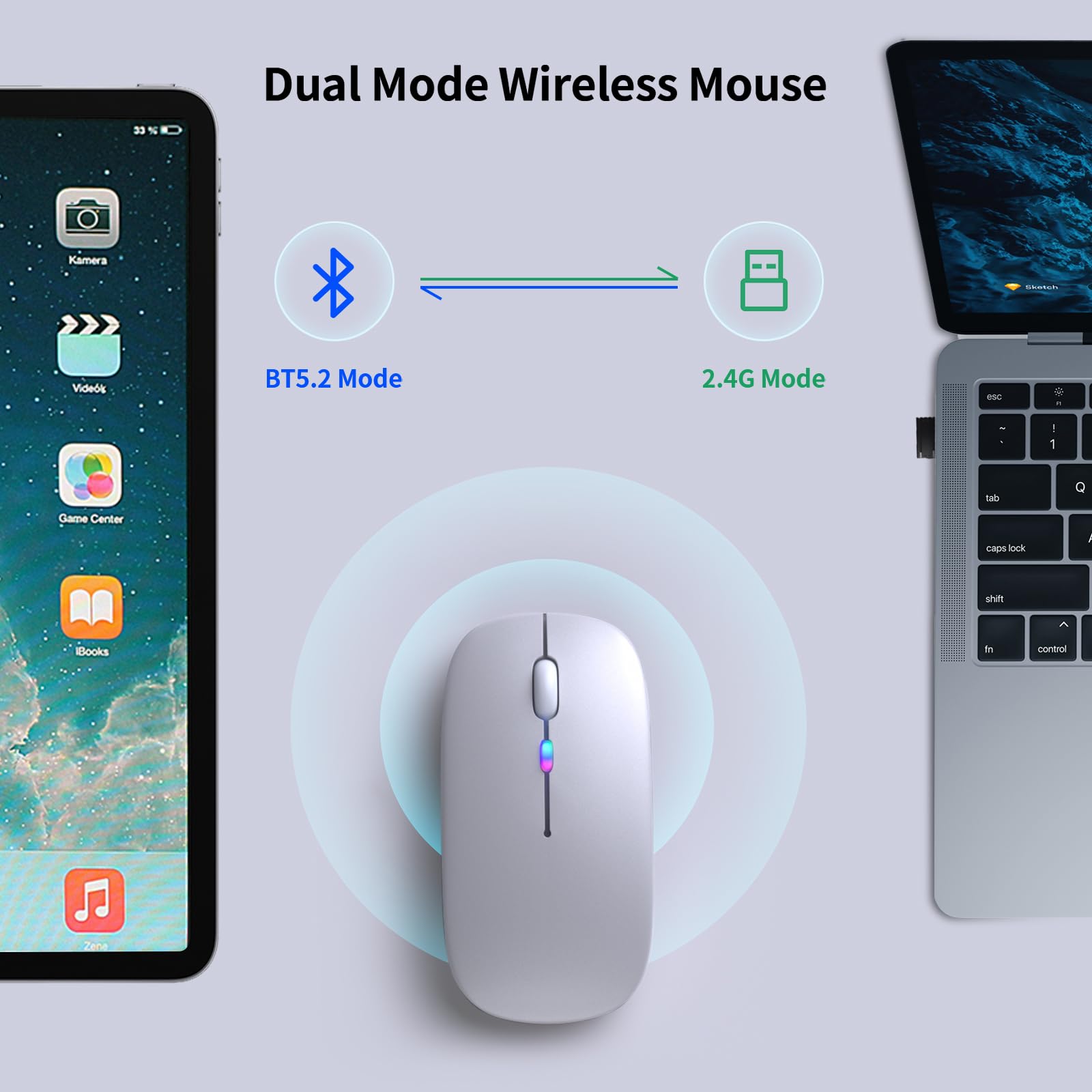 KANMABPC Ratón Bluetooth inalámbrico, recargable, silencioso, modo dual (Bluetooth 5.2 y USB) con luces LED, portátil para laptop, computadora de escritorio y tableta (plateado)