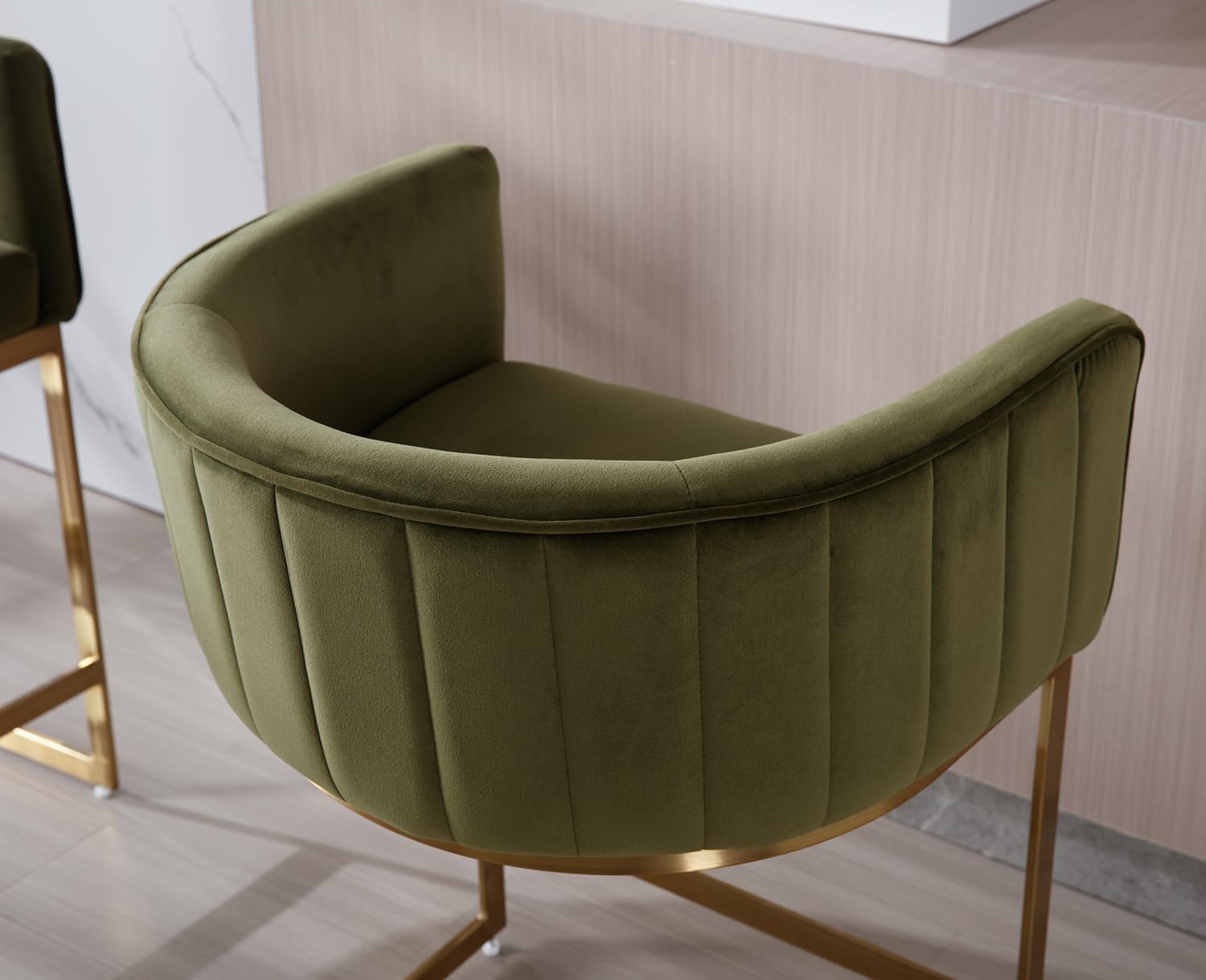 Kmax Counter Height Bar Stools Set of 2, Modern Velvet Upholstered Barrel Arm Barstools with Gold Frame for Kitchen Island Dining Room, Olive Green