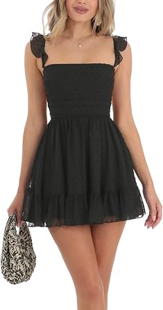 Women Summer Sleeveless Mini Dress Y2k Backless Bow Tie Straps Ruffles Dress Beach A-line Babydoll Short Sundress