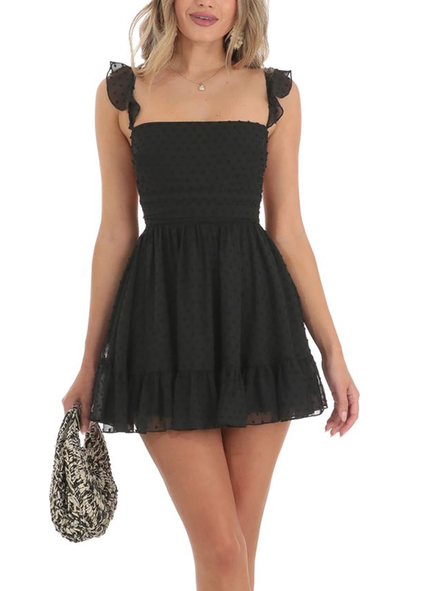Fiacafyo Women Spaghetti Strap Short Dress Lace Short Sleeve Mini Dress Fairy Ruffles Aline Minidress Backless Sundress (A-Black, L)