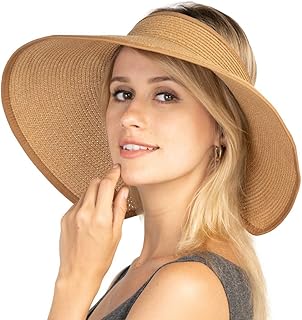 Women Sun Visors Foldable Straw Hats Summer Beach Packable Hat Floppy Wide Brim Cap Big Heads Sombrero (Khaki)