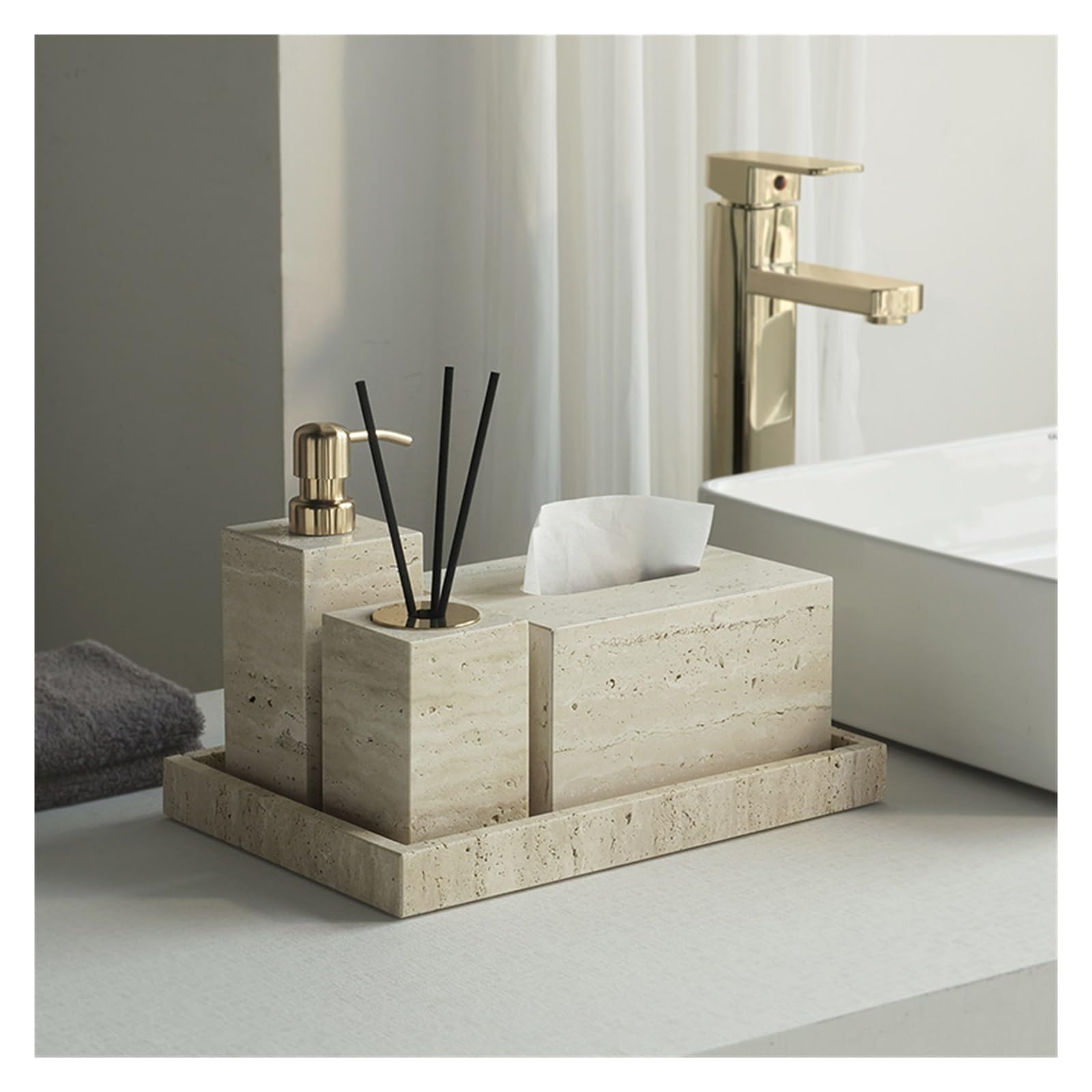 Badezimmer Set Badezimmerset aus Travertin | Luxuriöser Seifenspender, Taschentuchbox, Waschtisch-Tablett, Zubehör(Cup)