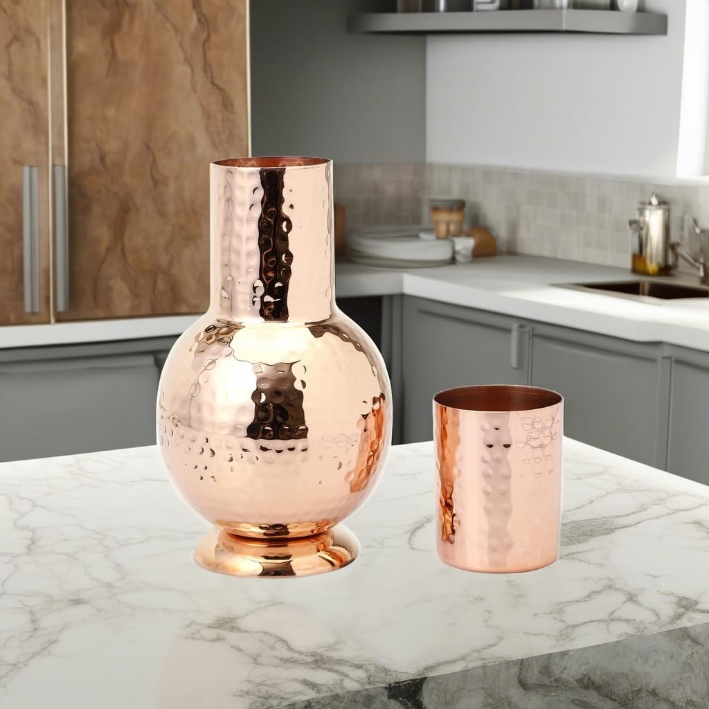 Carafe Pure Copper Bedside For Ayurveda Health Benefits, Capacity - 1000 Ml. (33.8 US Fluid Ounce).