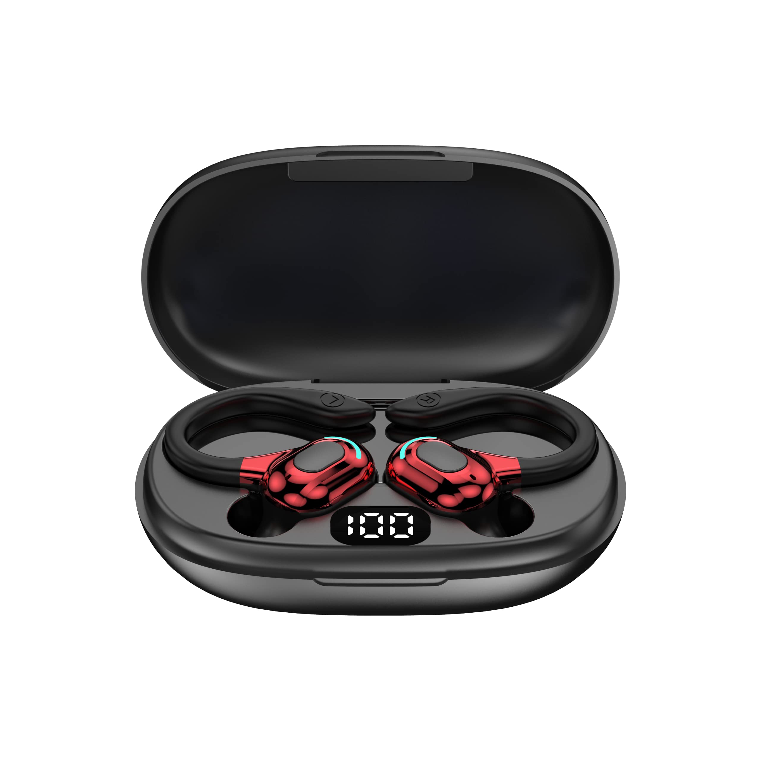 Oreillettes sans Fil Bluetooth 5.2, Universel, Tour d'oreille 360°, Micro Intégré, 60 Heures de Lecture, Batterie 70mAh Chargeur Type-C 300mAh, 8D steréo, Option d'écoute indépendante (Rouge)
