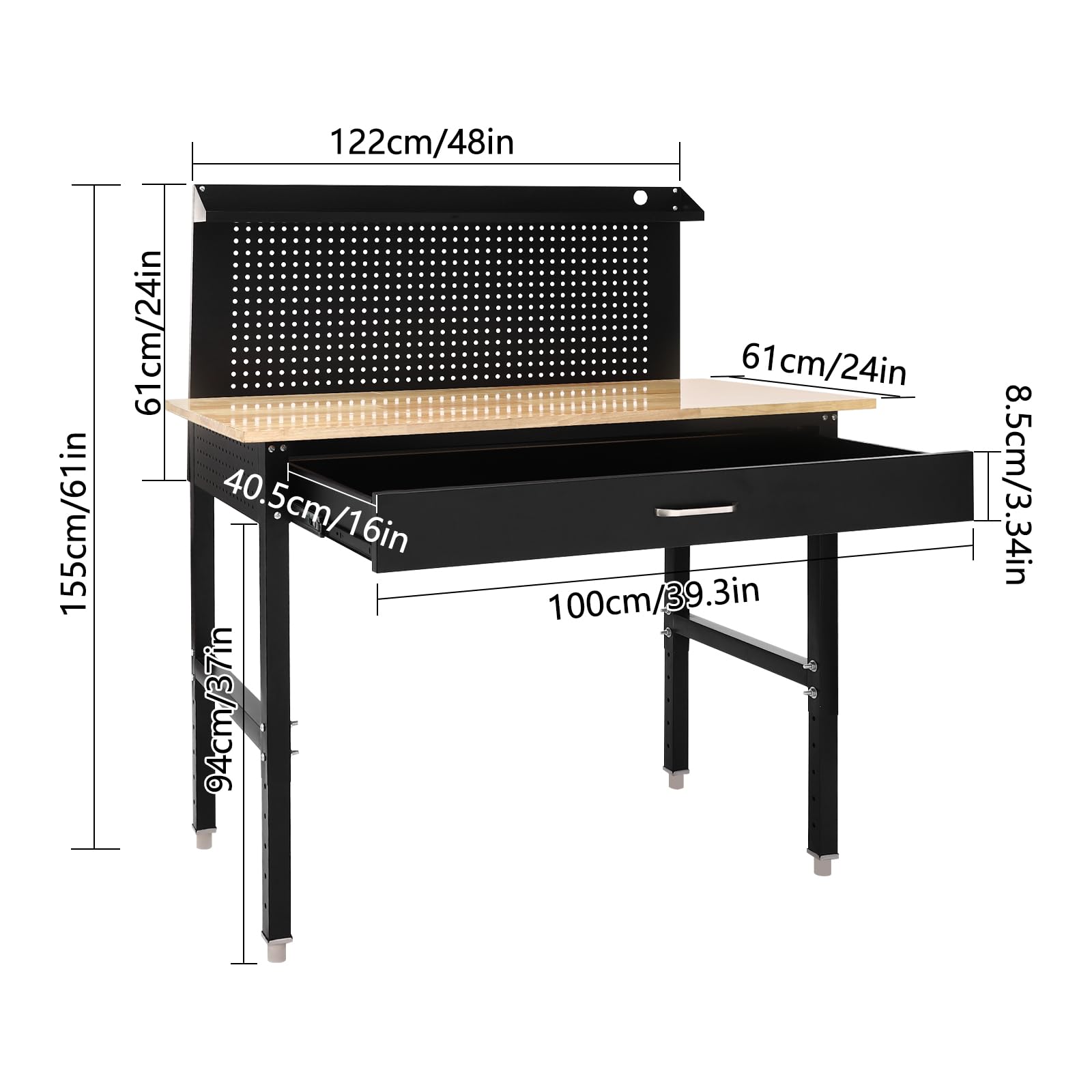 Banco de trabajo de altura ajustable, capacidad de 2000 libras, mesa de madera de caucho resistente con tablero de clavijas y cajones para carpintería, taller
