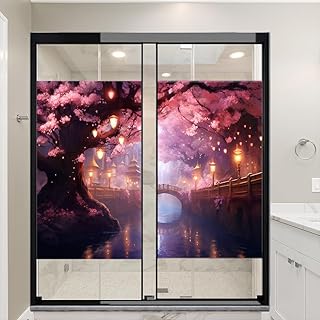 Cherry Blossom City Window Film Privacy Gorgeous Lights Flowers Old Town Stained Glass Window Film Sun Blocking Decorative Window Covering Film for Home Office 31.5Wx55.1L-inch x2 Pcs