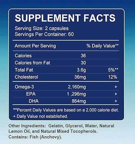 Aceite de pescado Omega 3 de triple fuerza 3600 mg + EPA 1296 mg + DHA 864 mg + Omega-3 2160 mg, suplemento para apoyo cardĂaco saludable, 120 Aceite de pescado Omega 3 de triple fuerza 3600 mg + EPA 1296 mg + DHA 864 mg + Omega-3 2160 mg, suplemento para apoyo cardĂaco saludable, 120