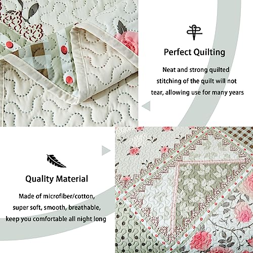 Zhuzai 3 Piece Patchwork Quilt Set Full/Queen Size, Green Plaid Floral Bedspread Lightweight Reversible Microfiber Bedding With 2 Shams Shabby Chic Rose Comforter For All Season, 90''X96'' #TOP5