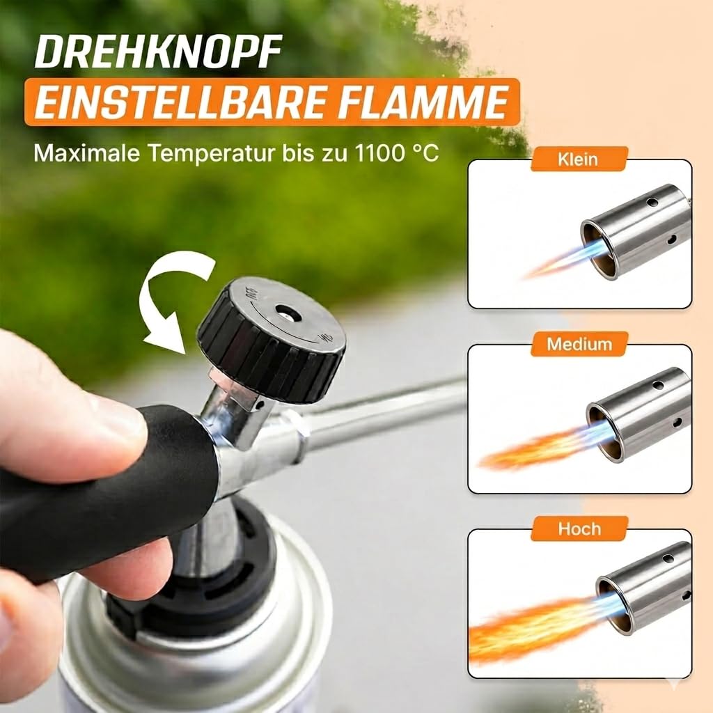 Unkrautbrenner [1100°] mit Piezozündung – professionelles Abflammgeraet mit robustem Griff & stufenloser Flammenregelung – ergonomischer Unkrautvernichter 80 cm – inkl. 4 Gaskartuschen