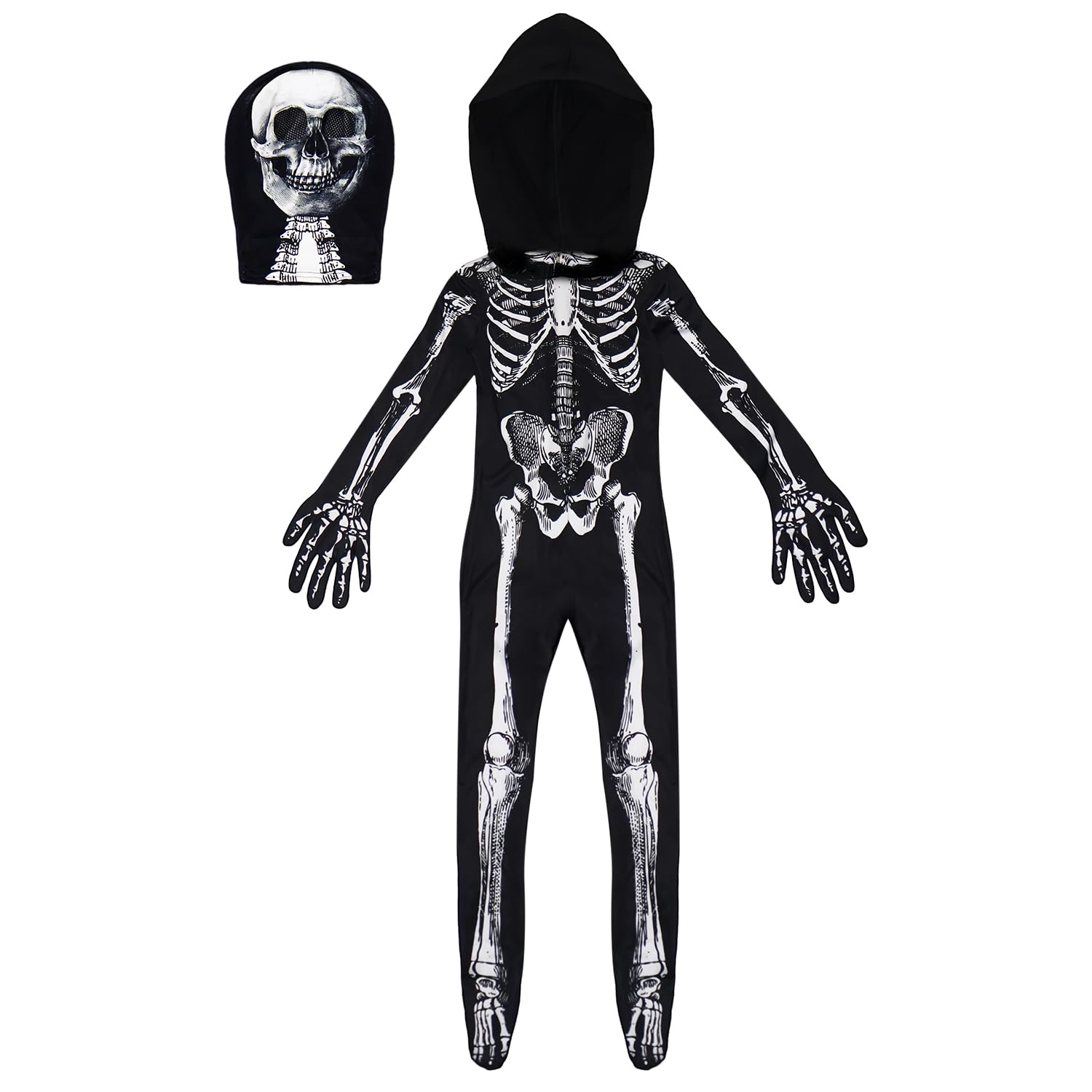 Disfraz de esqueleto de Halloween para niños, disfraz de esqueleto con capucha, huesos con máscara para niños y niñas, disfraz de cosplay de Halloween