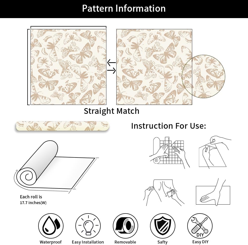 REDAMANCY Boho Beige Cream Butterfly Flower Peel and Stick Wallpaper Vintage Wall Paper Stick on Contact Paper Easy Peel Off for nightstand Drawer Renter Friendly 17.7"x236"