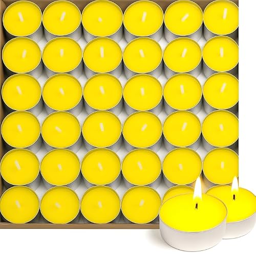 LAVISH Unscented Yellow Tealight Candles 50 Pcs, Dripless Smokeless Paraffin Wax with Aluminium Cups for Wedding Decor, Home Decoration, Spa and Party Lighting