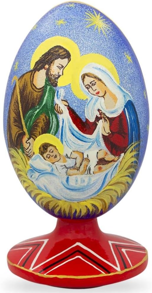 Virgin Mary, Joseph and Baby Jesus Wooden Egg Nativity Figurine 4.75 Inches