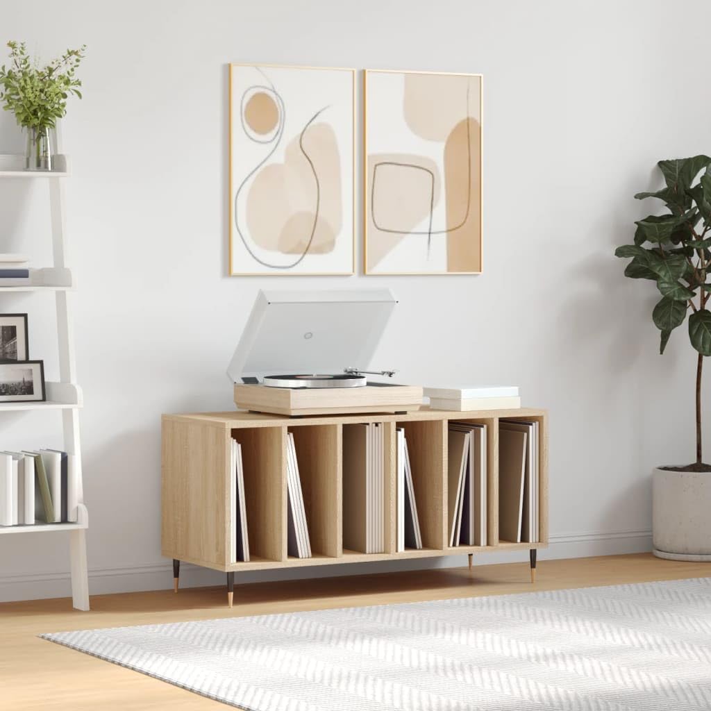 IKAYAA Mueble Tocadiscos de Madera 100x38x48 cm, Estanteria CD para Vinilos, WY23E Roble Sonoma
