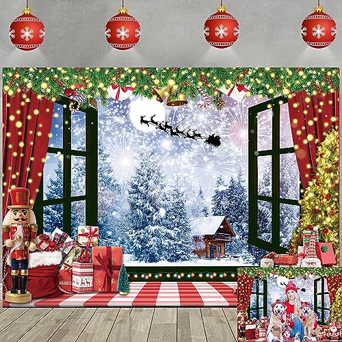 Toile de fond pour photographie de fenêtre de Noël, hiver, pays des merveilles, neige, Père Noël, cadeau d'hiver, décoration de fête de famille, feu d'artifice du Nouvel An, arrière-plan photo (210 x