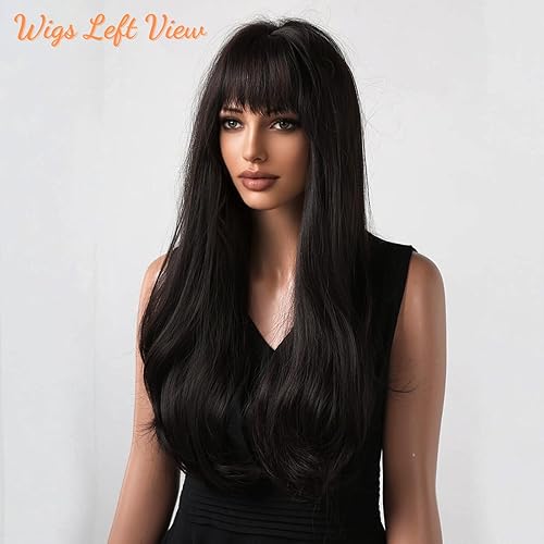 Miniatura 8 de Honygebia Peluca negra con flequillo, pelucas negras naturales para mujer, cabello sintético largo y lacio, ondulado y realista, resistente al