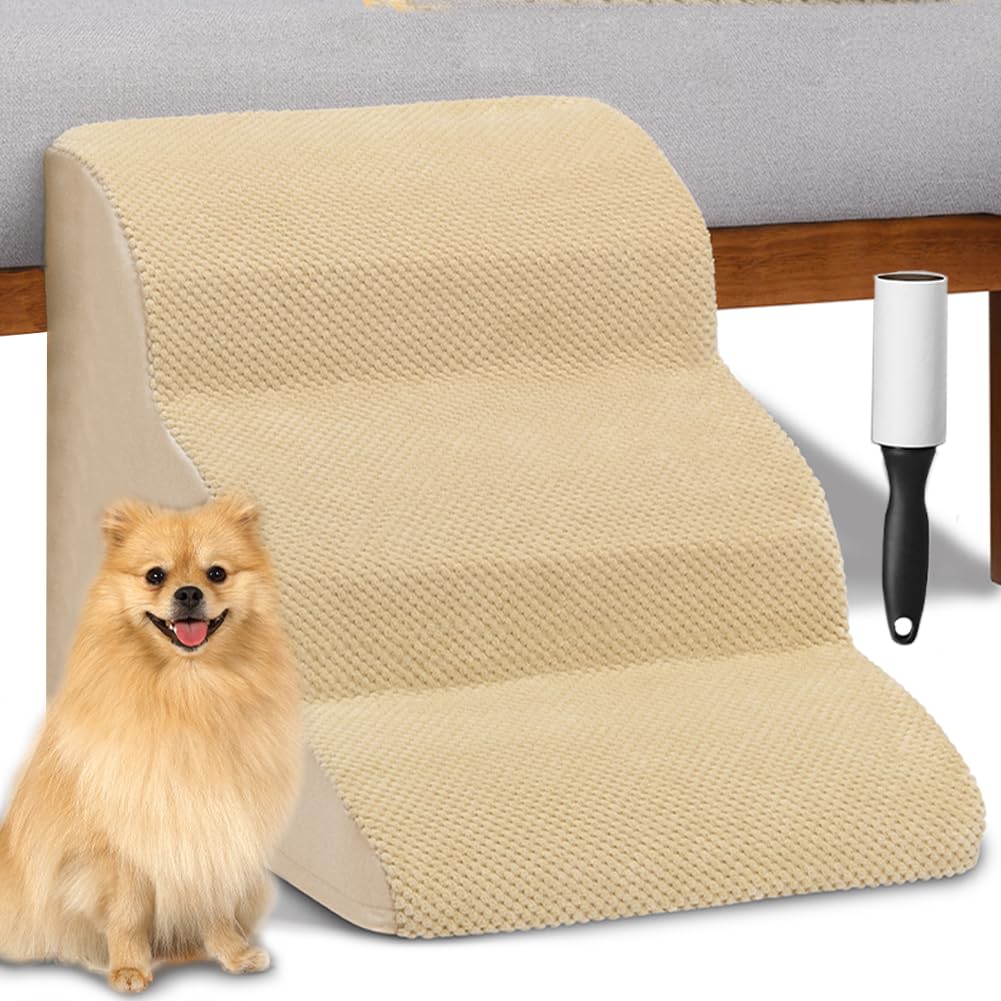 BAKAJI Escalera para Mascotas con 3 peldaños y Rodillos, Revestimiento extraíble de Tejido Acanalado, rampa para Gatos y Perros Mayores, Escalera Acolchada de Espuma de Alta Densidad (Beige)