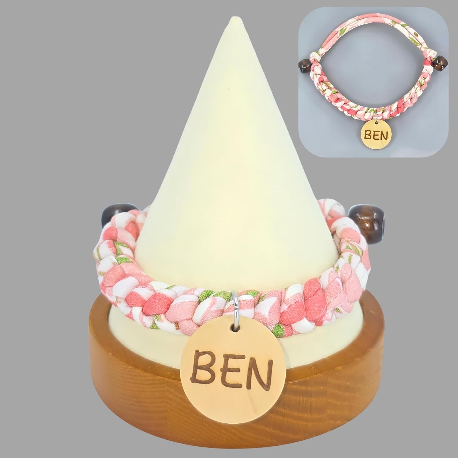 Cute Personalized Dog Cat Collar Custom with Name – Matching Bracelet Set Option for Owners, Handmade Custom Collars for Dogs, Cats, Puppy to Large Dog Collar with 2 Engraved Wooden Tags (Peach)