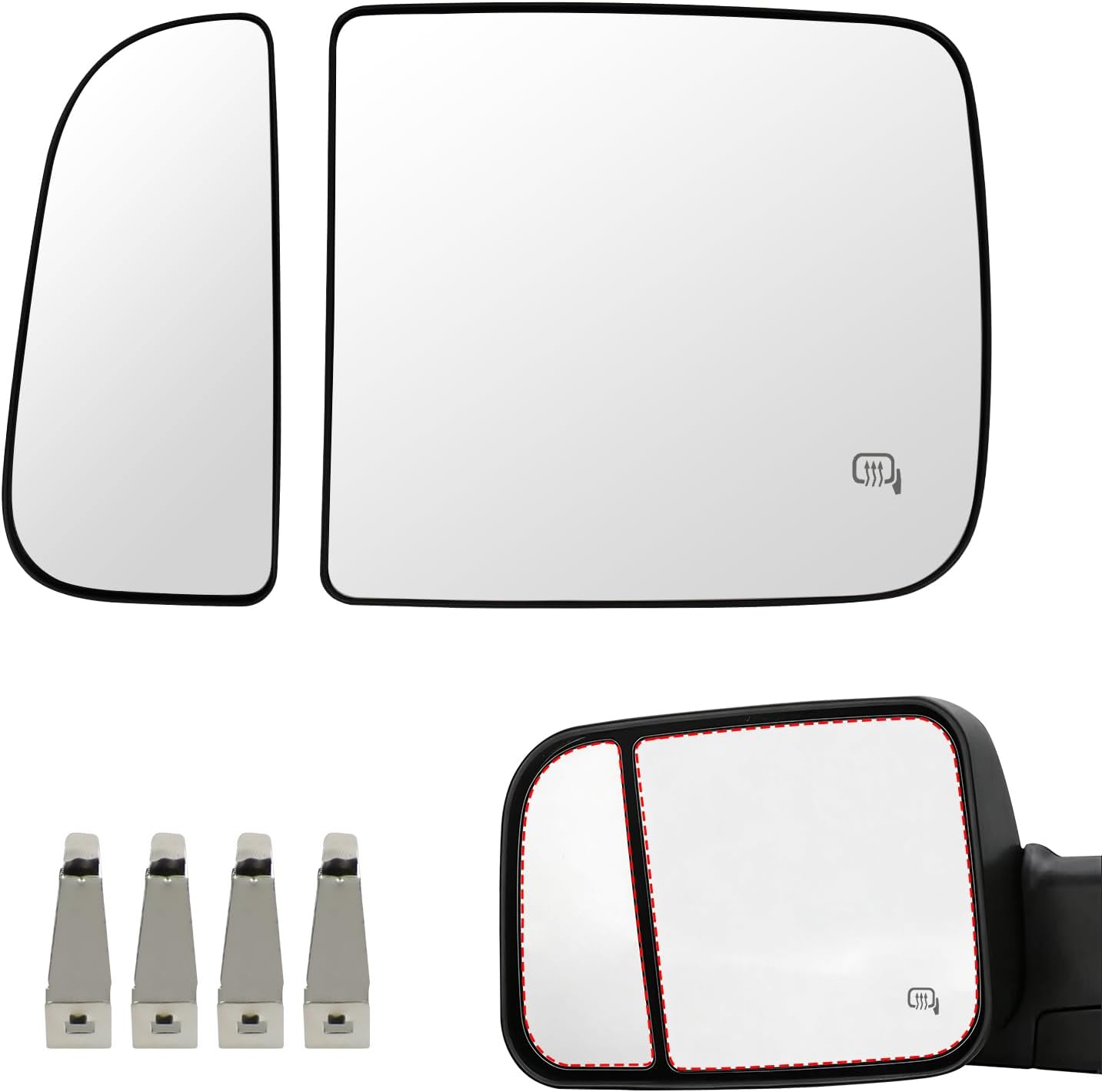 Left Driver Side Lower & Upper Mirror Glass Replacement for 2010-2020 Dodge Ram 1500 2500 3500 4500 5500, Towing Mirrors Convex Rearview Glass with Backing Plate