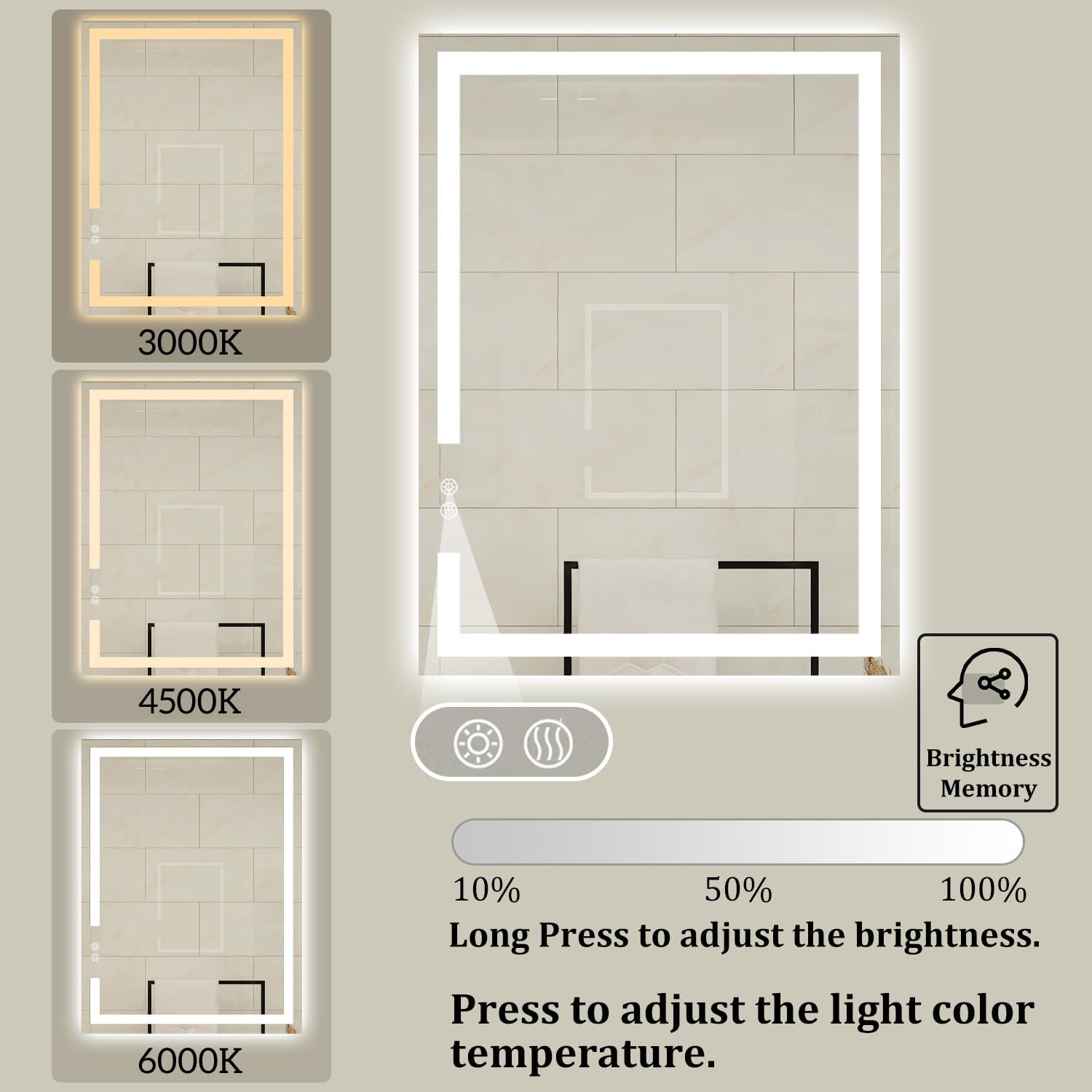 28 X 20 Inch LED Bathroom Vanity Mirror, 3 Colors Light Dimmable, Wall Mounted Memory Lighted Makeup Mirror with Anti-Fog Touch Switch (Front-lit&Backlit)
