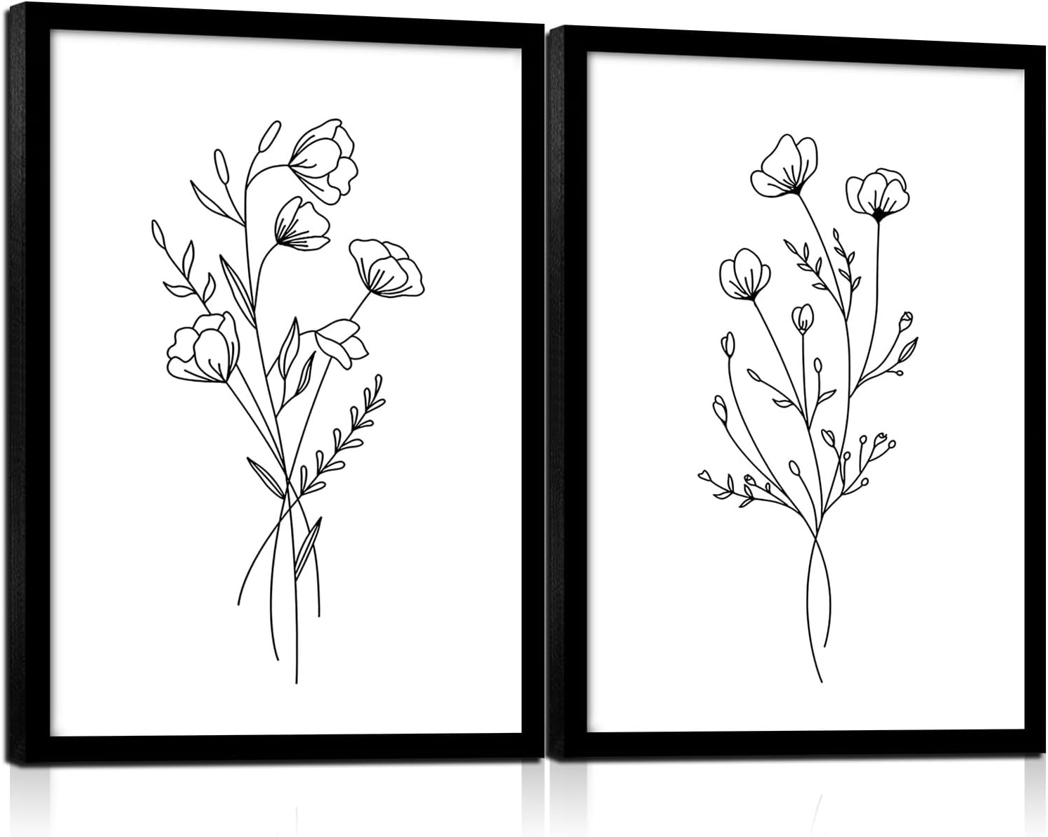 Framed Set of Two Canvas Wall Art Simple Botanical Line Print Black and White Floral Poster Modern Gallery Print for Living Room or Bedroom Wall Decor 16x24 Inch
