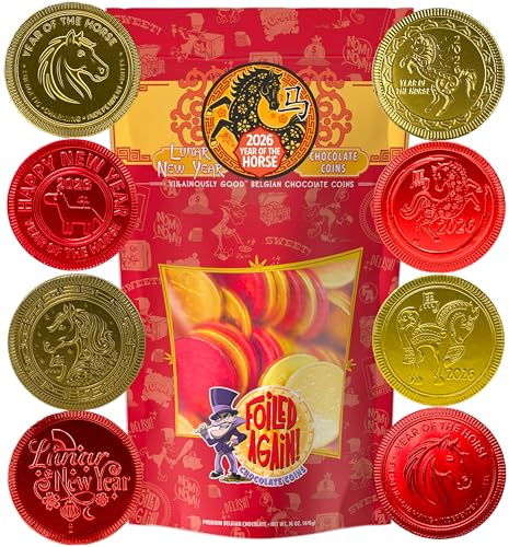 Foiled Again! 2026 Lunar New Year Chocolate Coins - Year of the Horse - Gold and Red Foil - Prosperity and Good Fortune Gift - Pure Belgian Milk Chocolate Red Envelope Fill (contains dairy)