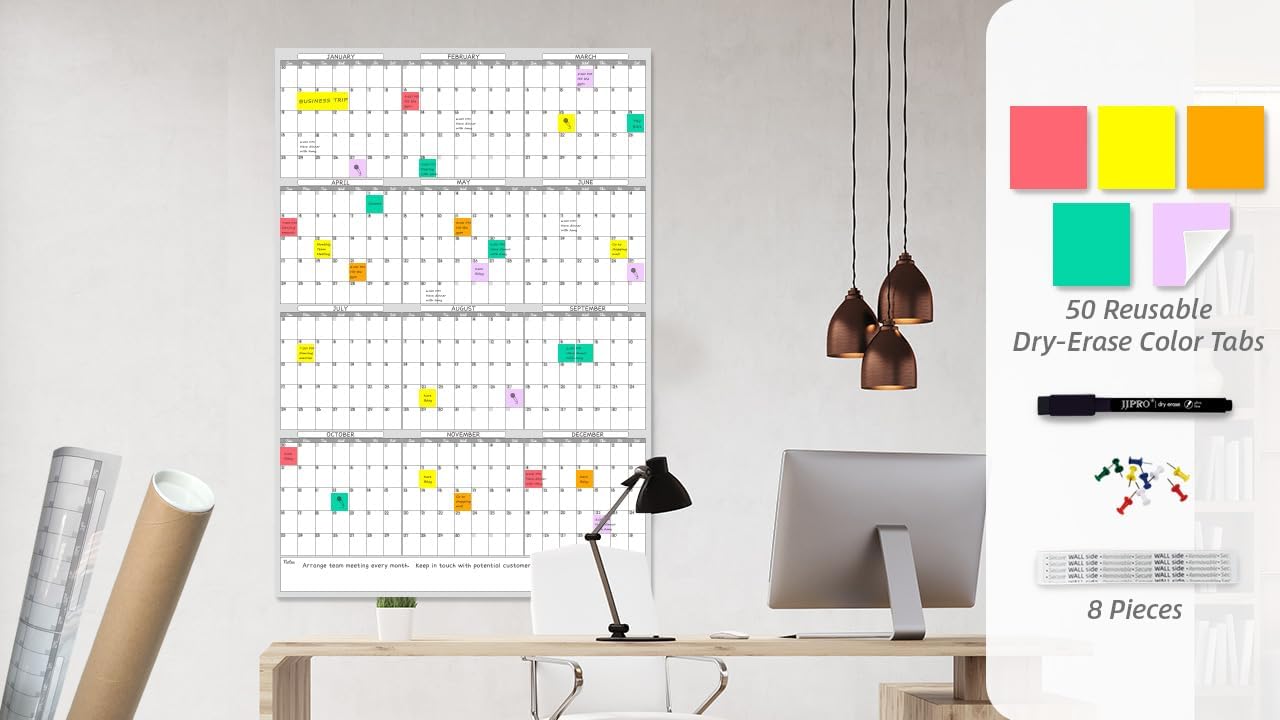 Large Dry Erase Wall Calendar - Blank Undated Yearly Wall Calendar - 38x26 Inches Whiteboard Premium Laminated Planner with 50 Reusable Color Tabs -12-Month Calendar Laminated Office Jumbo (Vertical)