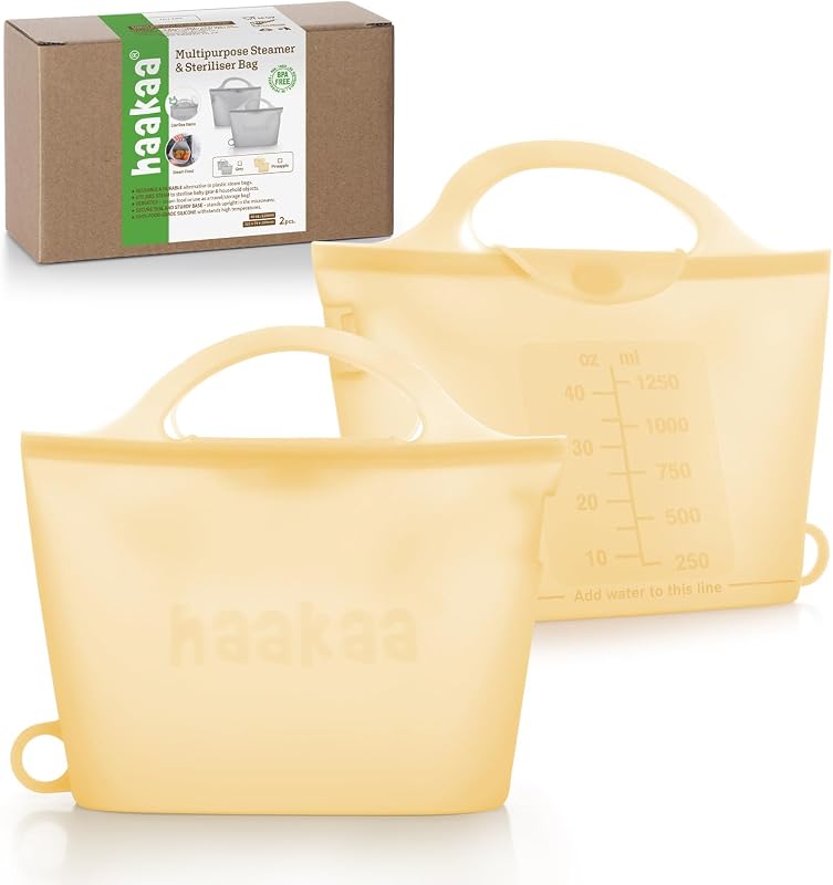 Haakaa On-The-Go Bolsas esterilizadoras de vapor de silicona para microondas para viajes, 40 oz/1250 ml Bolsas de vapor de silicona reutilizables para biberones, extractores de leche, accesorios, chupetes, mordedores, piña/2 unidades