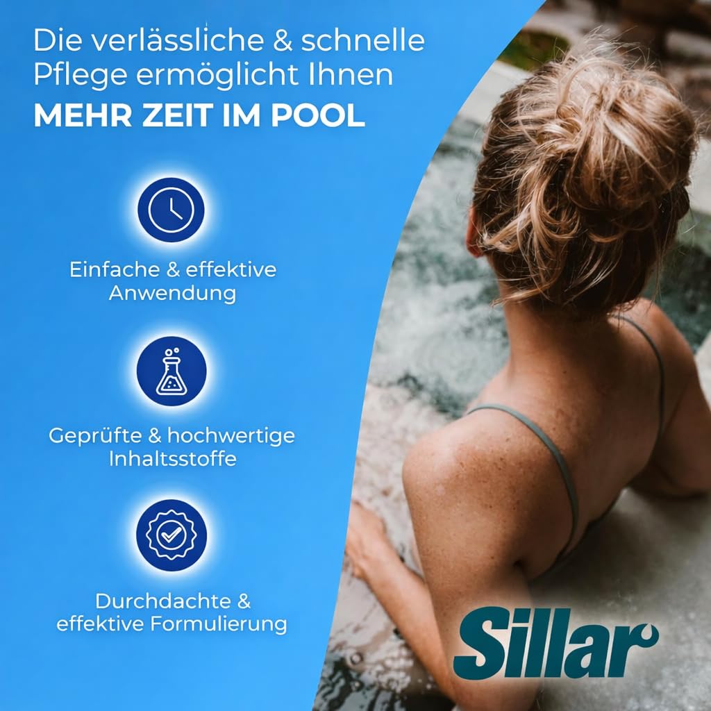 Sillar Pool Starter 7 in 1 Pool-Reinigungsset I Pool Zubehör I Pooltester pH/Cl-Messgerät, pH-Senker, Chlorgranulat, Klärmittel, Mittel gegen Algen, schrittweise Freisetzung von Chlor in Tabletten