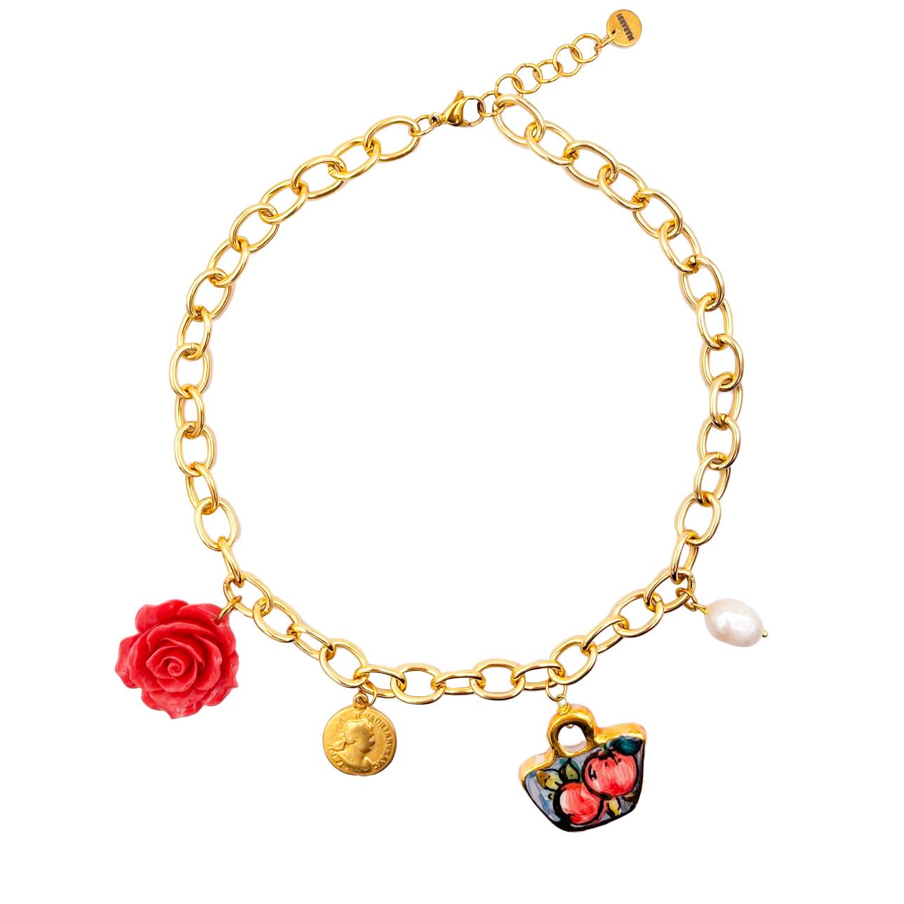 Collar Mujer Italiano Colgante Corto con Charms - Cadena Dorada Handmade Joyería Italiana Originales Elegantes para Diario Bodas Eventos Ocasiones Especiales