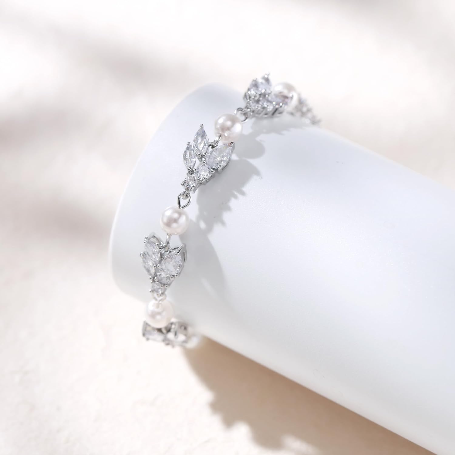 Crysdue Cubic Zirconia Simulated Pearl Bridal Wedding Leaf Filigree Tennis Bracelet for Brides Bridesmaid Birthday Mothers Christmas Valentines Day Jewelry Gifts for Women - Image 5