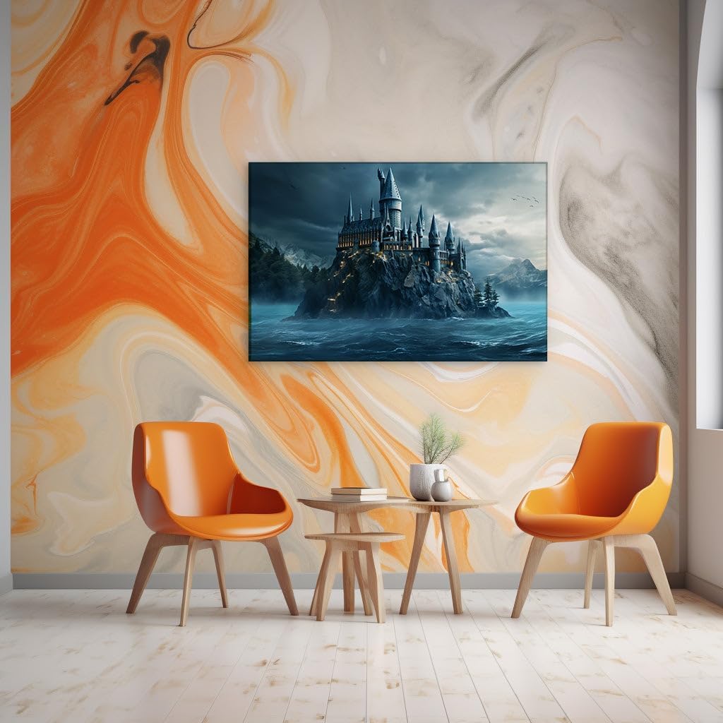 Canvas for Living room. Illuminated Isolation: A Castle's Grandeur Amidst the Turbulent Sea, 27 x 18 inch Canvas Wall Art - Contemporary Masterpieces - Modern Home Decor