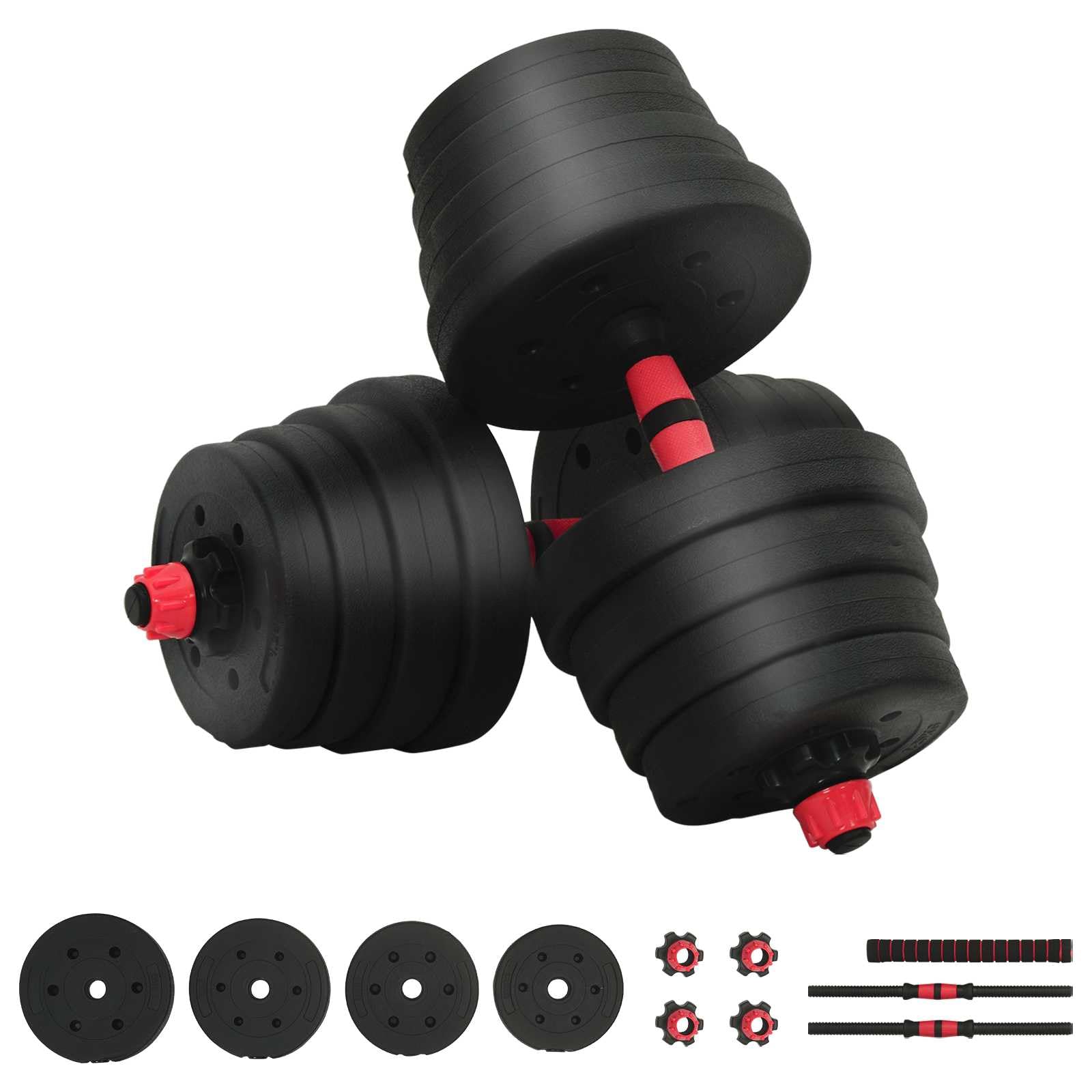 Zestaw krótkich hantli 2 w 1, 30 kg, czarno-czerwone, regulowane, z uchwytem i obciążnikami, trening siłowy do treningu domowego i studia fitness, idealne do budowy mięśni i treningu