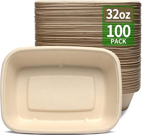 bloomoon Paquete de 100 cuencos rectangulares grandes de papel de 32 onzas para ensalada de tacos, burrito, nachos, pasta, papas horneadas, cuencos