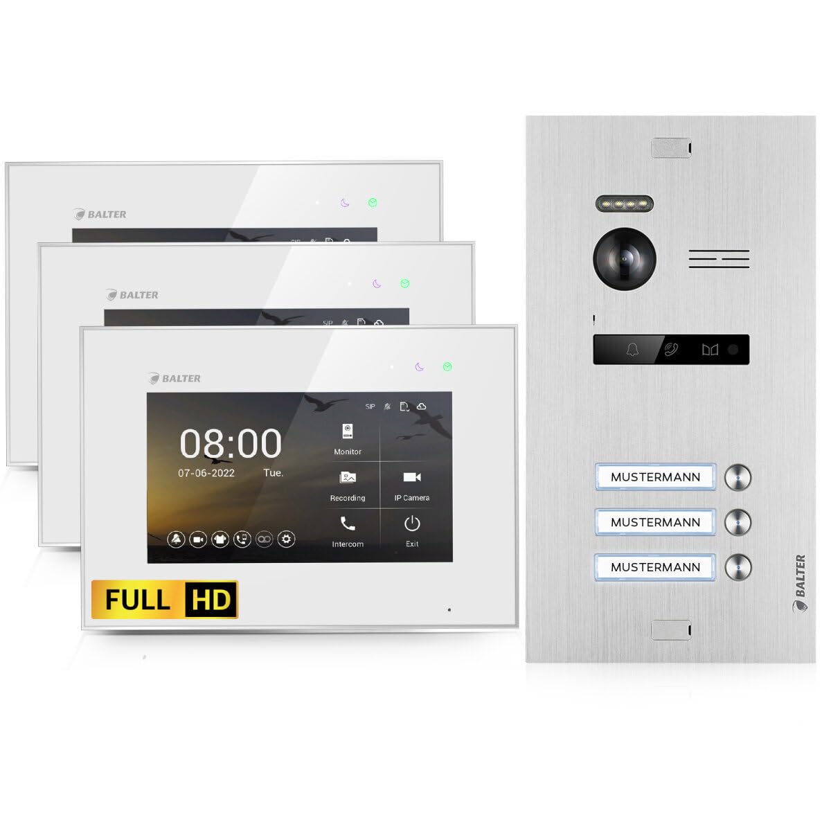 BALTER EVO HD Video Türsprechanlage Silver für 3 Familienhaus Kit, 3x Monitor 7"