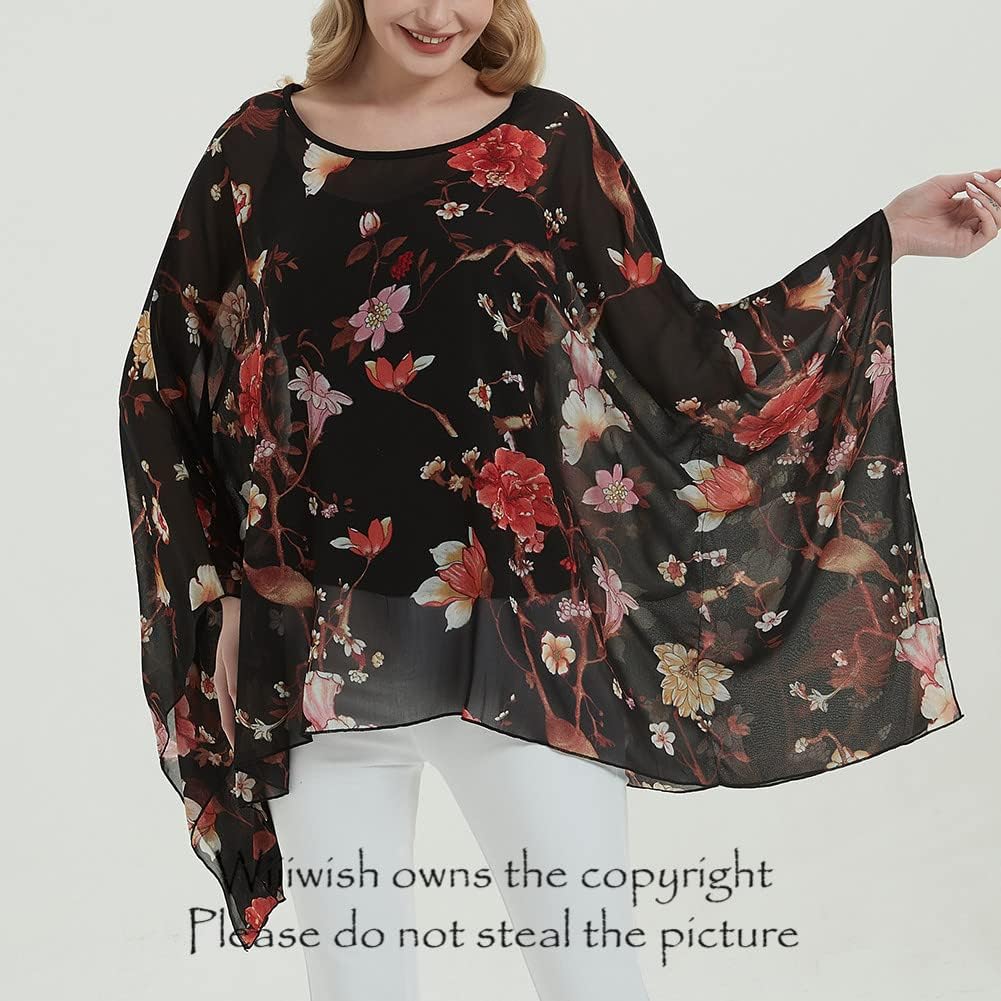 Wiiiwish Women's Loose Solid Long Batwing Sheer Chiffon Caftan Wrap Poncho Tunic Top Topper - Image 3