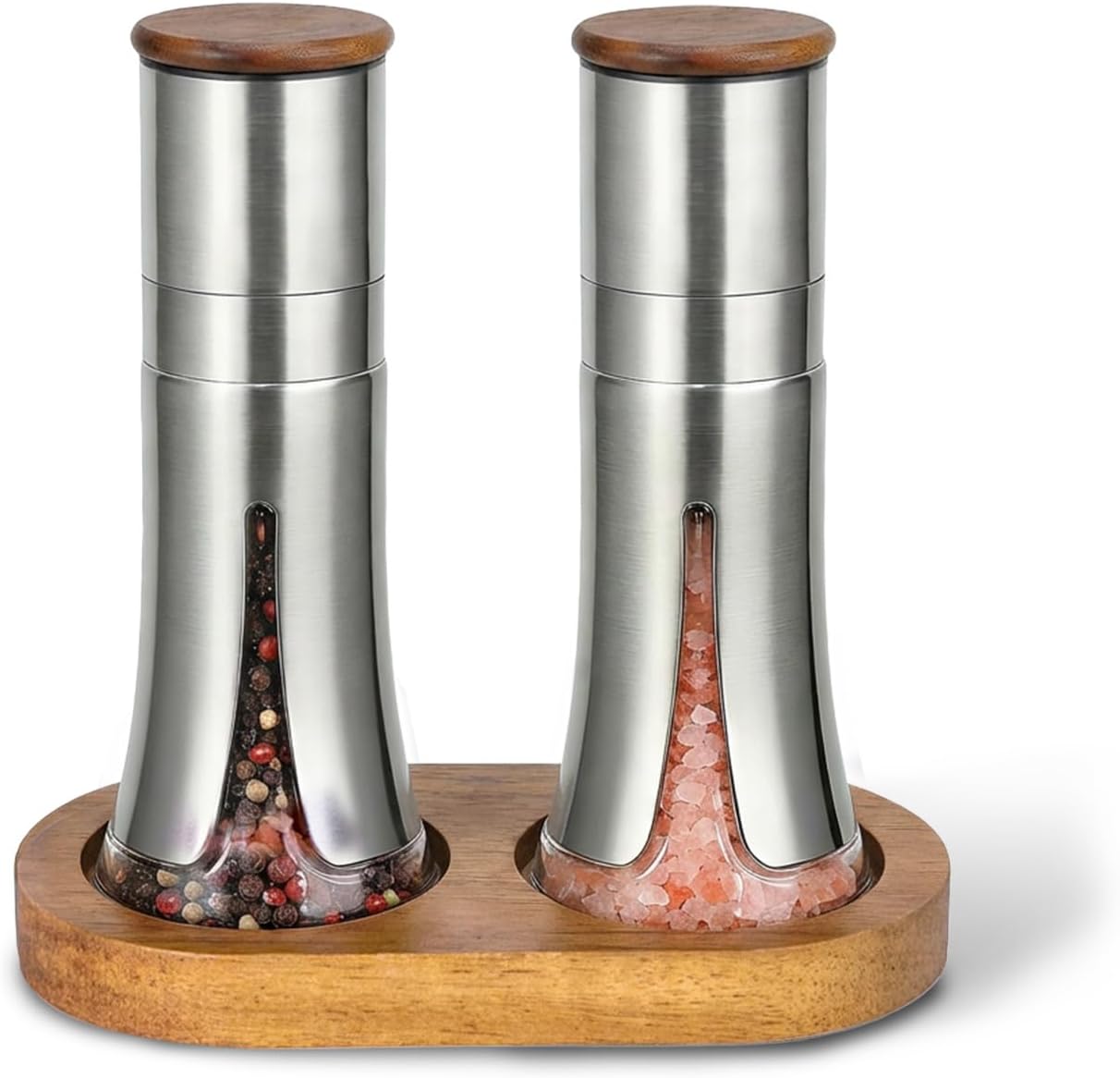 Aelga Salt and Pepper Grinder Set with Wooden Tray - 4oz Glass Manual Pepper Mill with 5-Level Adjustable Coarseness, Refillable Salt Grinder with Wood Lid, Silicone Funnel
